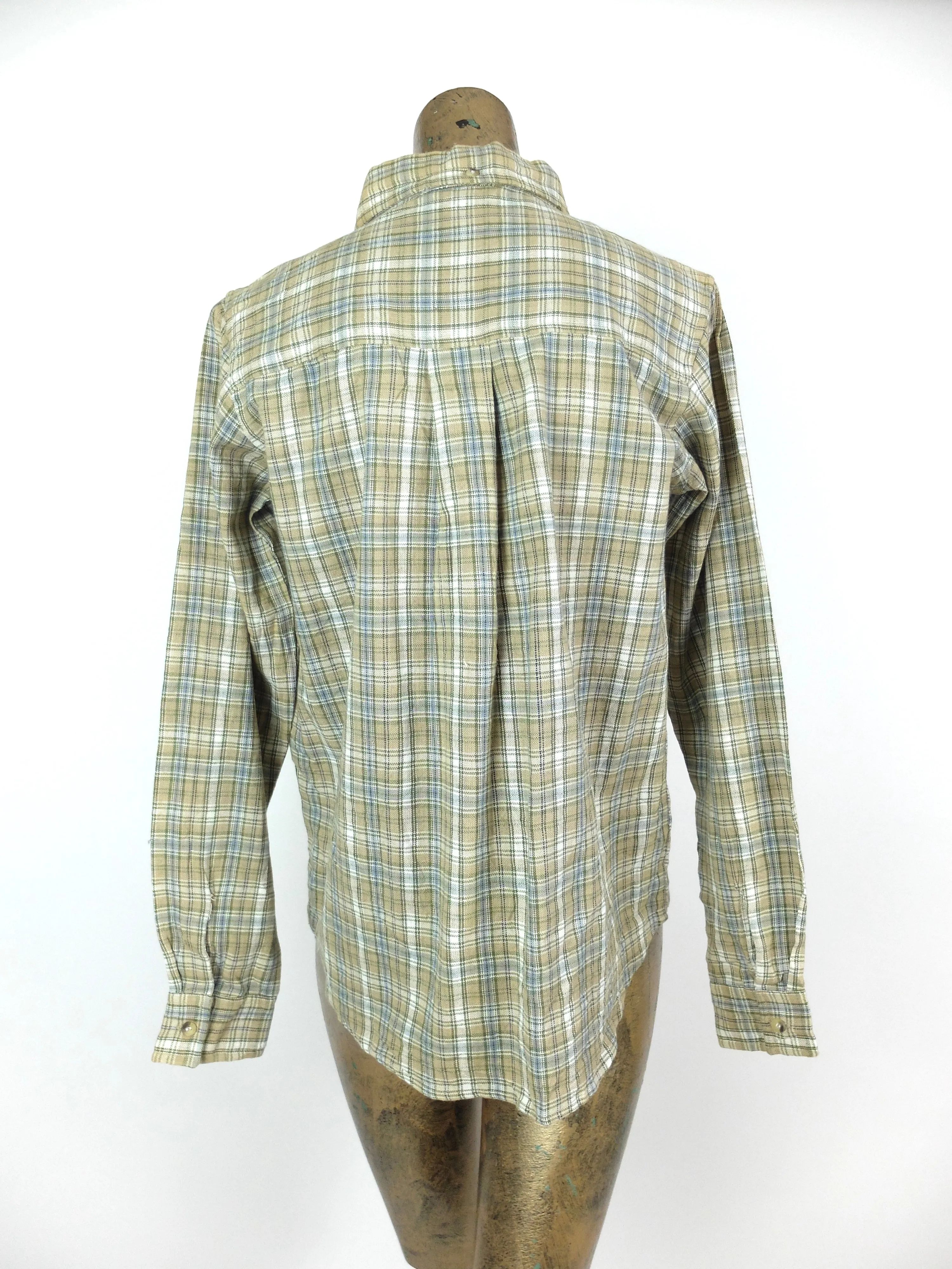 70s Western Rodeo Green Check Print Long Sleeve Collared Button Up Flannel Shirt