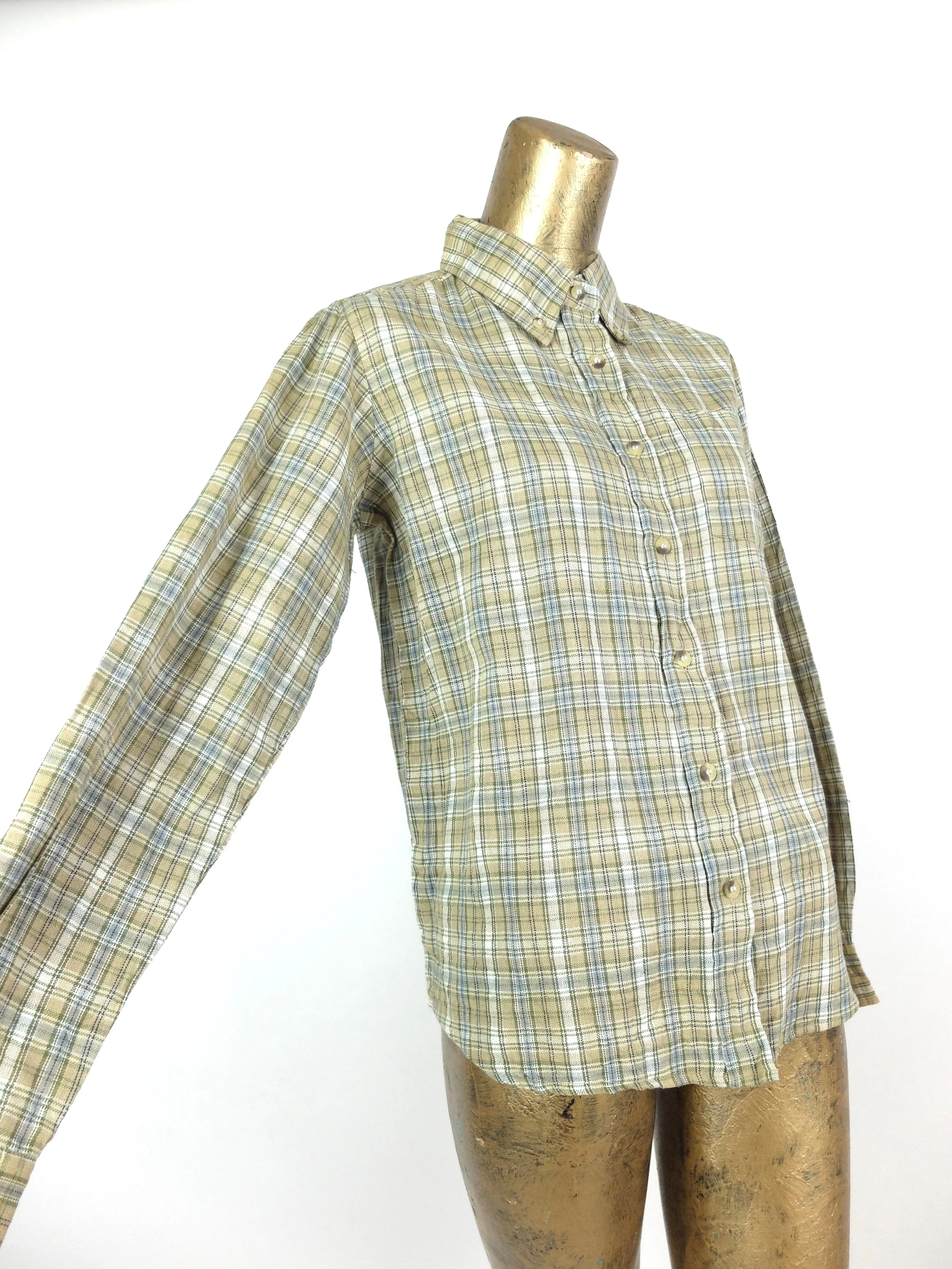 70s Western Rodeo Green Check Print Long Sleeve Collared Button Up Flannel Shirt