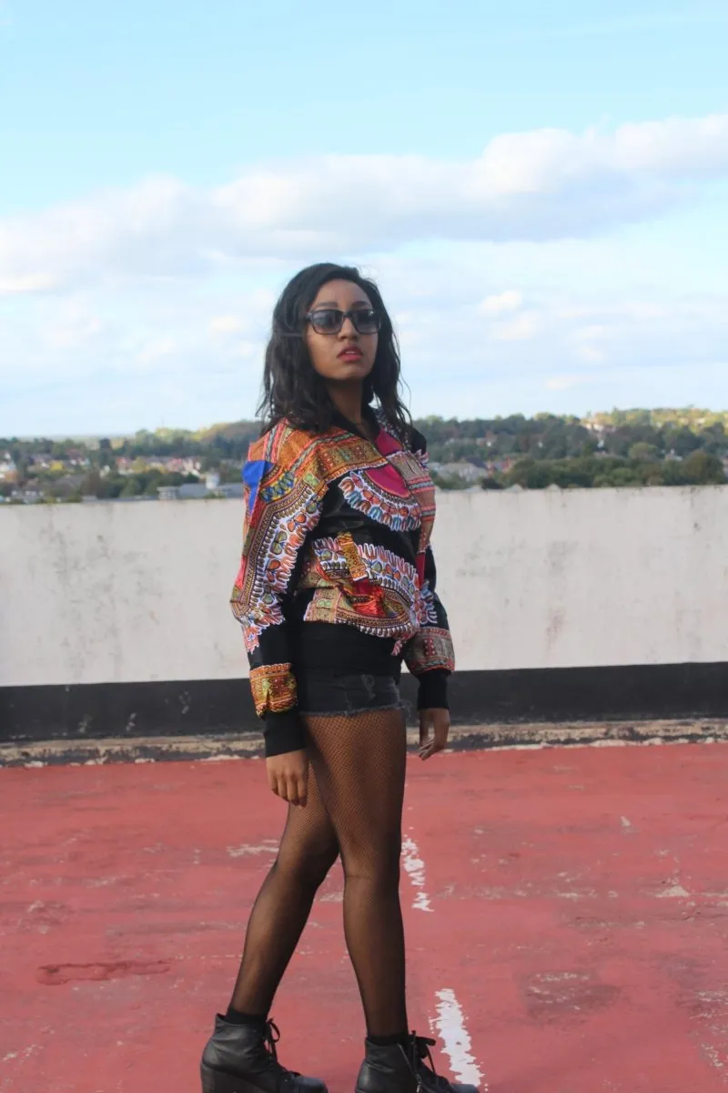 African Bomber Jacket in Black Dashiki Print - Festival Jacket