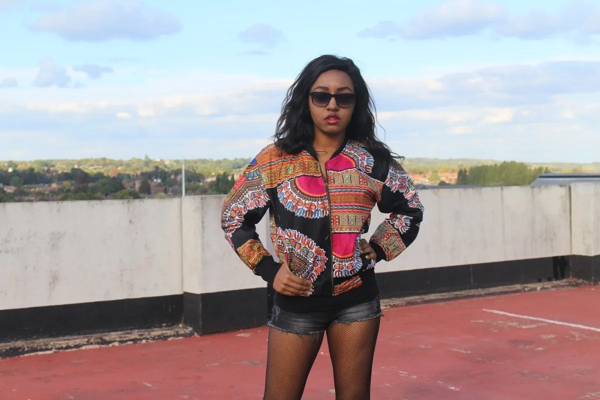 African Bomber Jacket in Black Dashiki Print - Festival Jacket