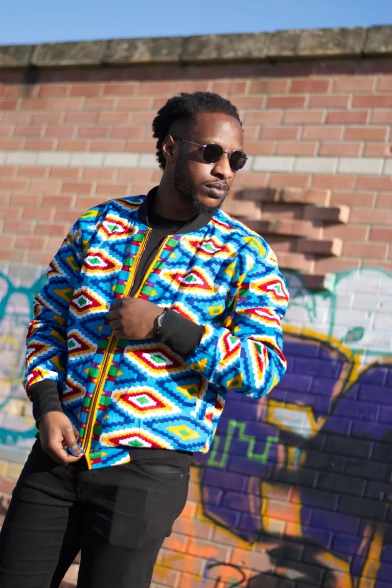 African Bomber Jacket In Blue Kente Print