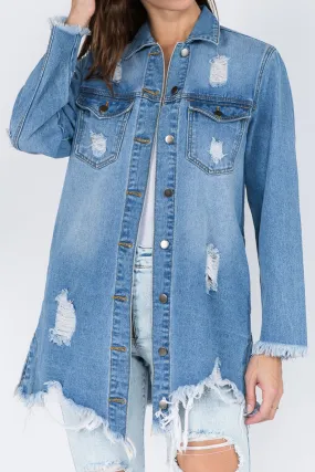 American Bazi Distressed Frayed Hem Denim Jacket