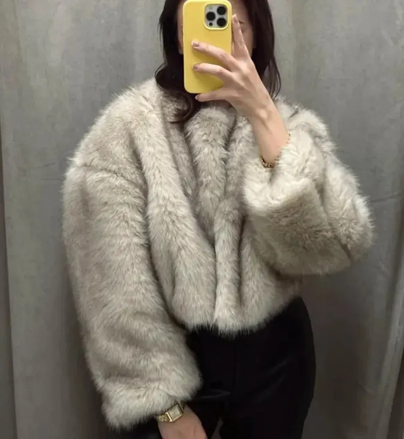 Autumn Winter Chic Fashion Gradient Fluffy Faux Fur Coat - Women High Street Luxury Faux Fox Fur Jacket Female Overcoats