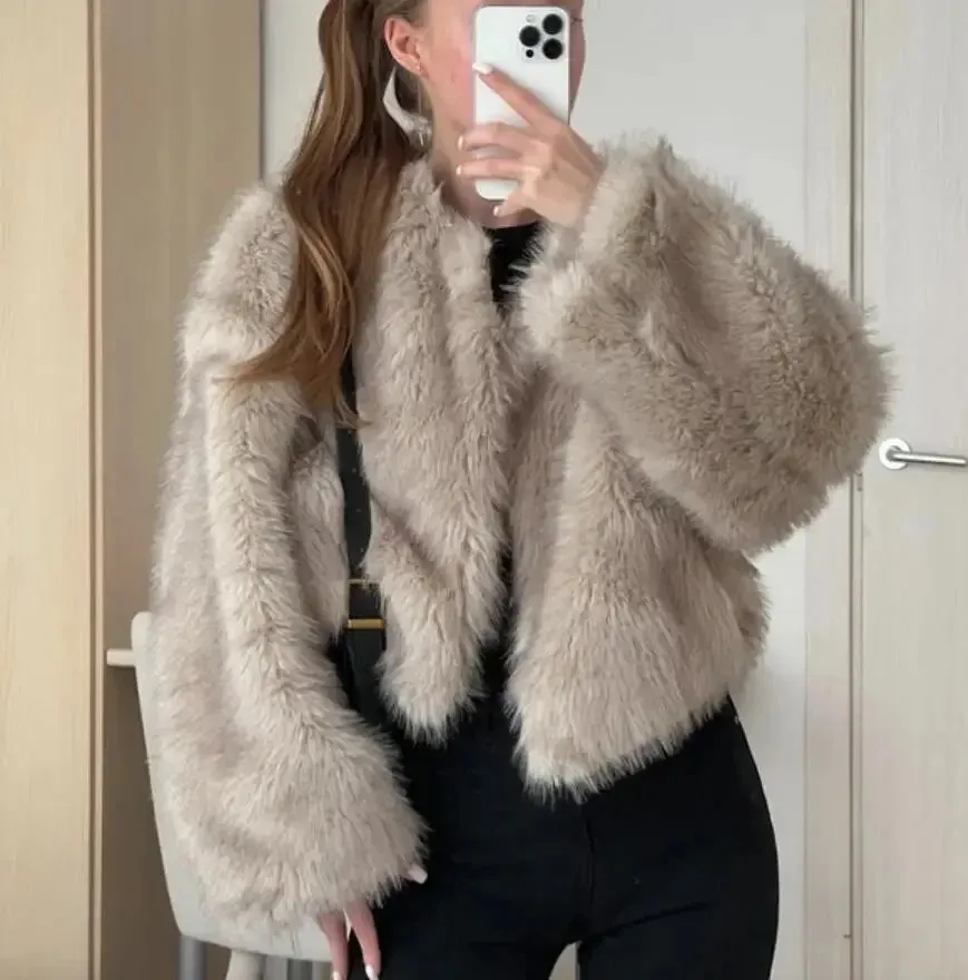 Autumn Winter Chic Fashion Gradient Fluffy Faux Fur Coat - Women High Street Luxury Faux Fox Fur Jacket Female Overcoats