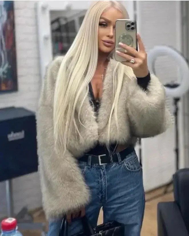 Autumn Winter Chic Fashion Gradient Fluffy Faux Fur Coat - Women High Street Luxury Faux Fox Fur Jacket Female Overcoats