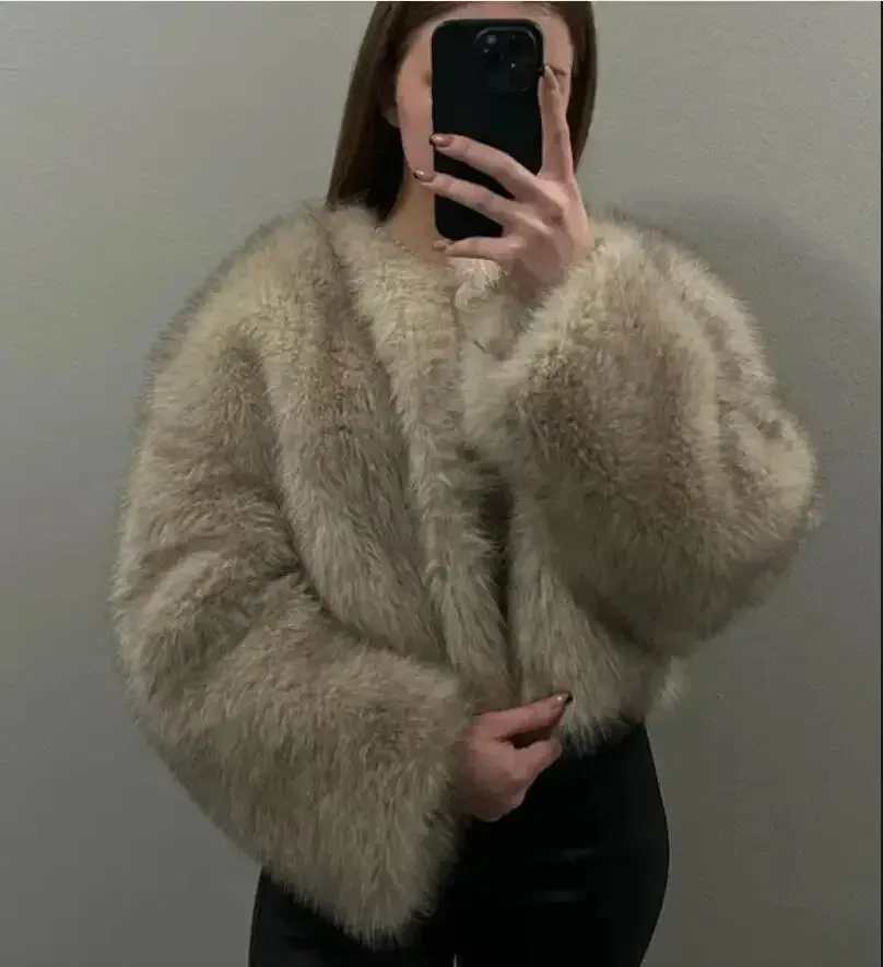 Autumn Winter Chic Fashion Gradient Fluffy Faux Fur Coat - Women High Street Luxury Faux Fox Fur Jacket Female Overcoats