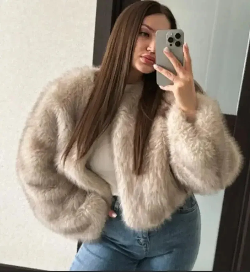 Autumn Winter Chic Fashion Gradient Fluffy Faux Fur Coat - Women High Street Luxury Faux Fox Fur Jacket Female Overcoats