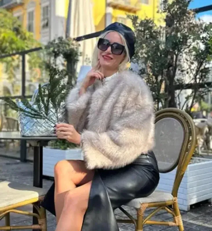 Autumn Winter Chic Fashion Gradient Fluffy Faux Fur Coat - Women High Street Luxury Faux Fox Fur Jacket Female Overcoats