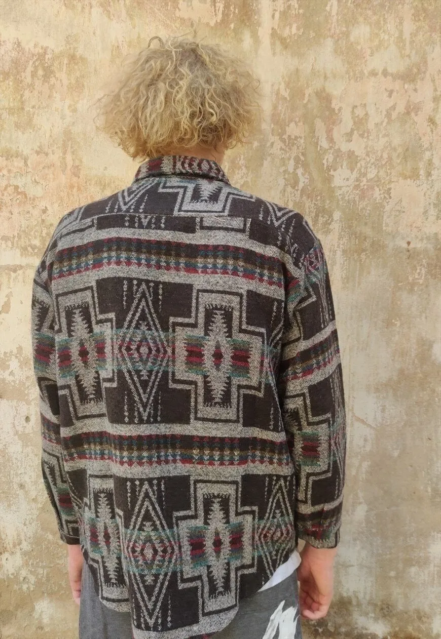 Aztec print thick shirt loose retro geometric jacket brown