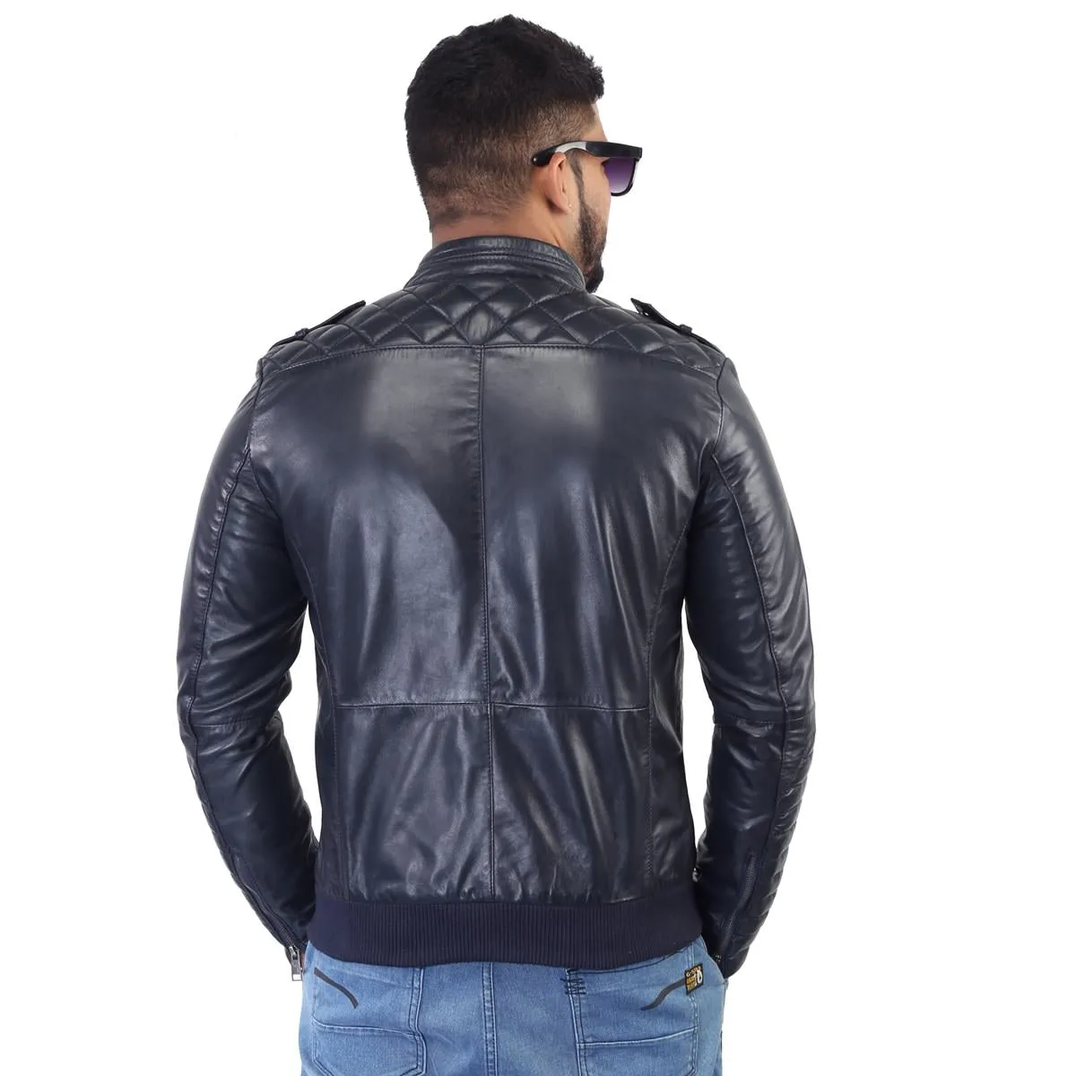 Bareskin Men's Navy Quilted Details Genuine Leather Biker Jacket