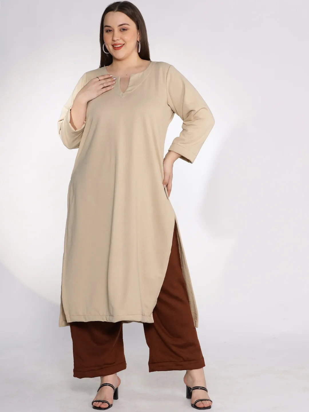 Beige Fleece LongKurta - Solid