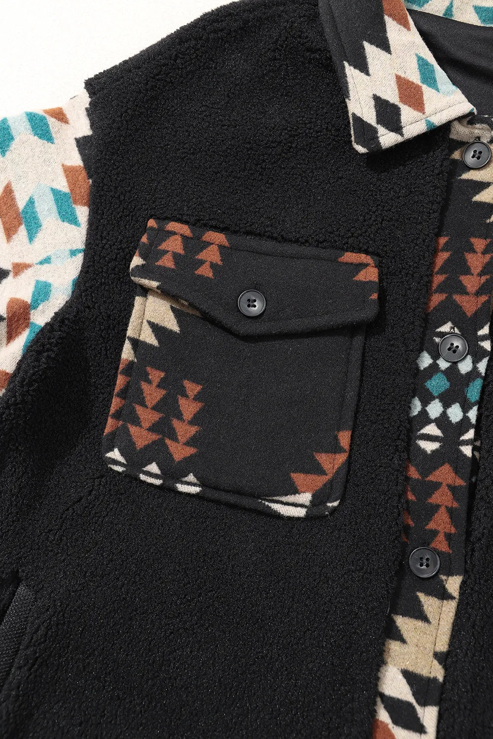 Black Western Aztec Print Accent Fleece Shacket