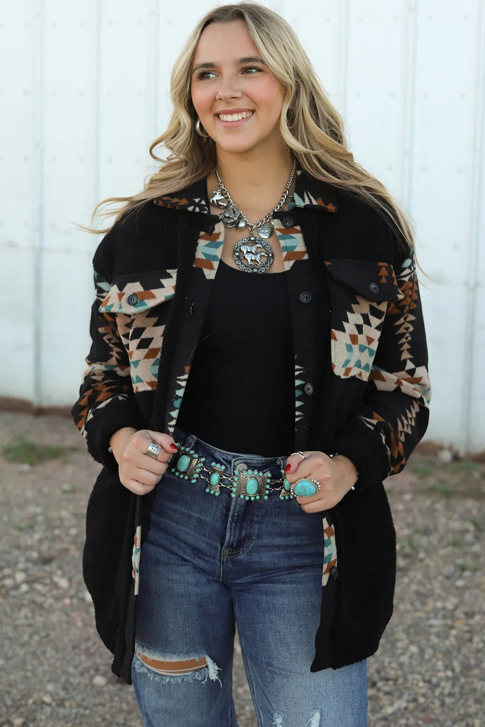 Black Western Aztec Print Accent Fleece Shacket