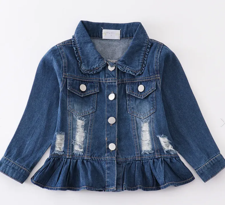 Blue ruffle girl distressed denim jacket