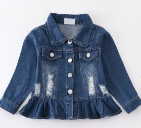 Blue ruffle girl distressed denim jacket