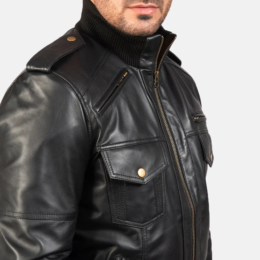 BOMBER-2402 MUSH Shadow Black Leather Bomber Jacket