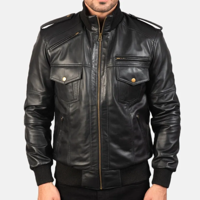 BOMBER-2402 MUSH Shadow Black Leather Bomber Jacket