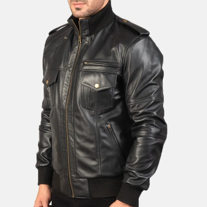 BOMBER-2402 MUSH Shadow Black Leather Bomber Jacket