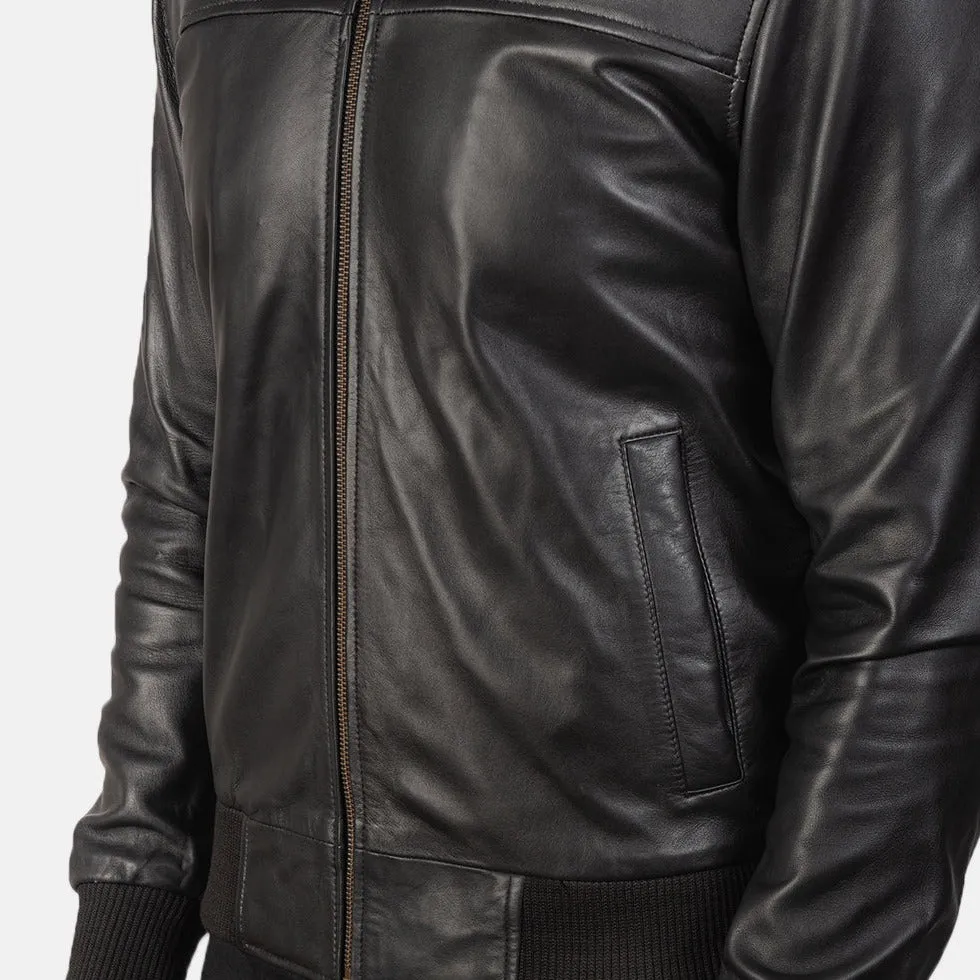 BOMBER-2404 MUSH Black Leather Bomber Jacket