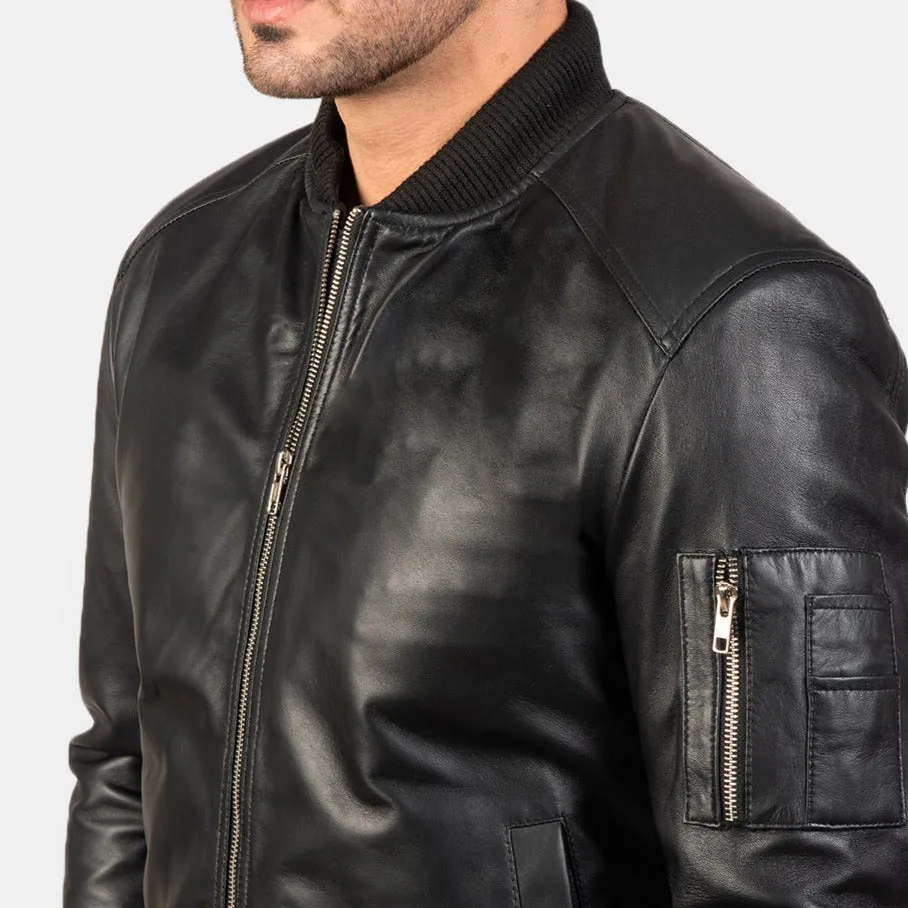 BOMBER-2408 Mush Black Leather Bomber Jacket