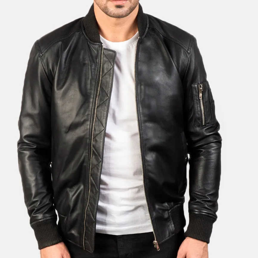 BOMBER-2408 Mush Black Leather Bomber Jacket