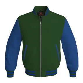 Bomber Jacket Women Forest Green Body and Blue Leather Sleeves Bomber Jacket