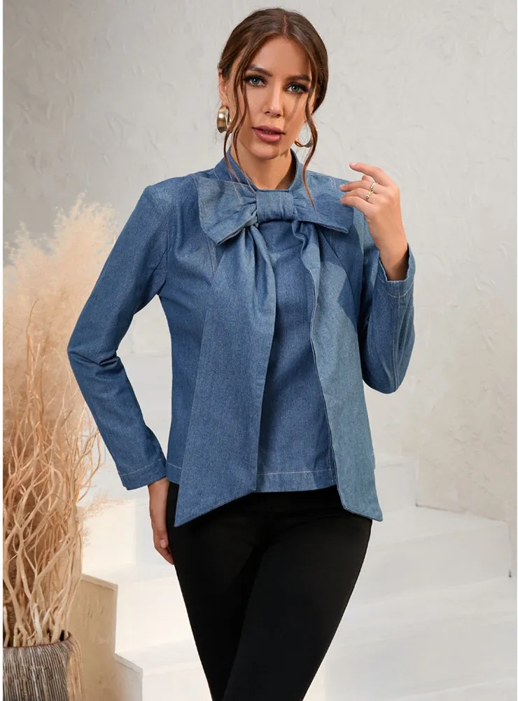 Bow Short Long Sleeve Denim Jacket