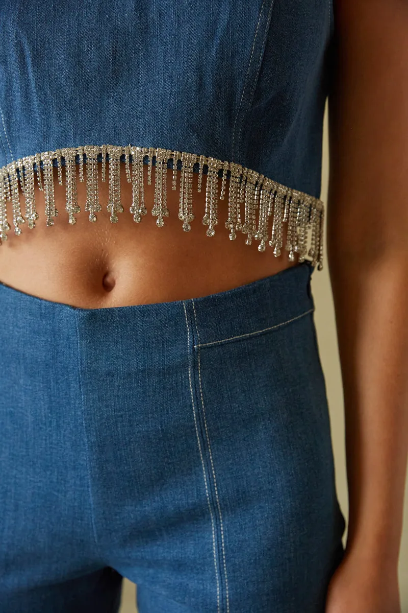 Carrie Denim Rhinestone Crop Top