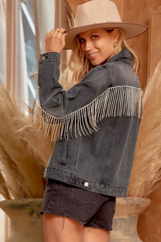 Charcoal Rhinestone Fringe Stylish Denim Jacket