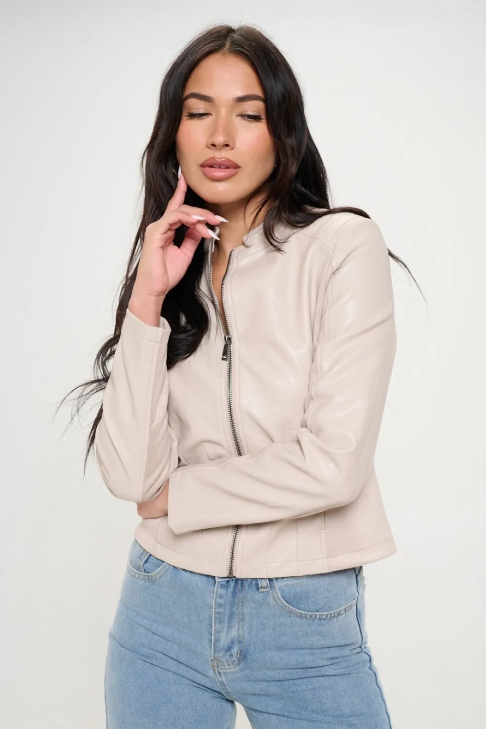 Coalition LA Zip Up Vegan Moto Jacket-Cream