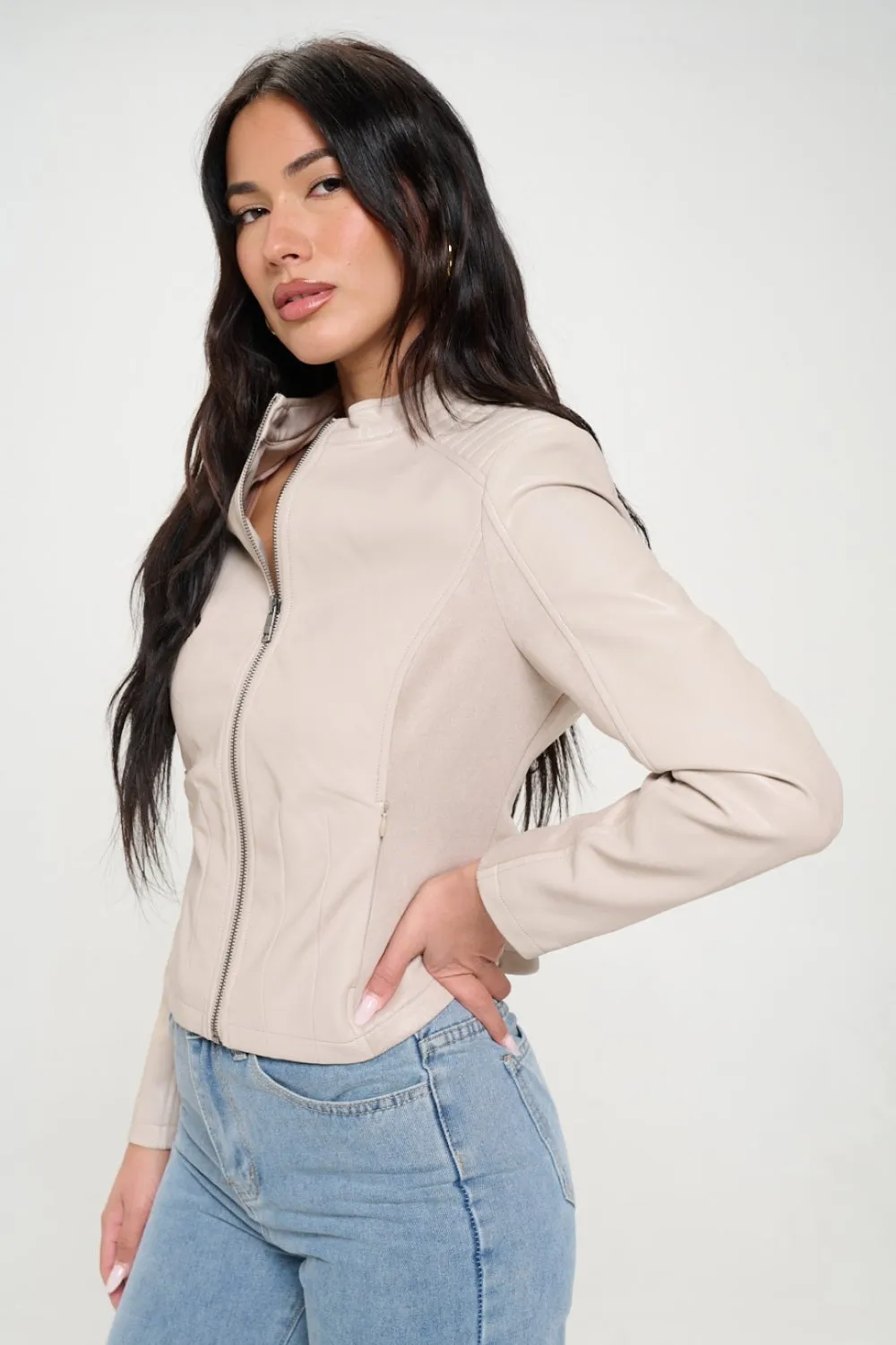 Coalition LA Zip Up Vegan Moto Jacket-Cream