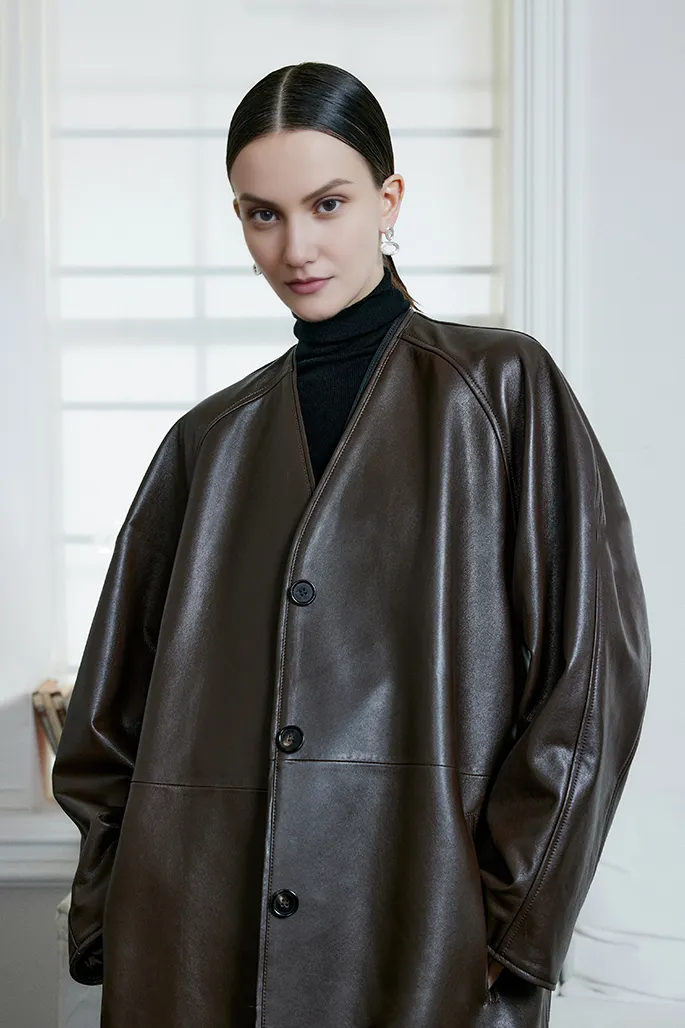 Collarless V Neck Single-breasted Knee-length Leather Coat with Belt