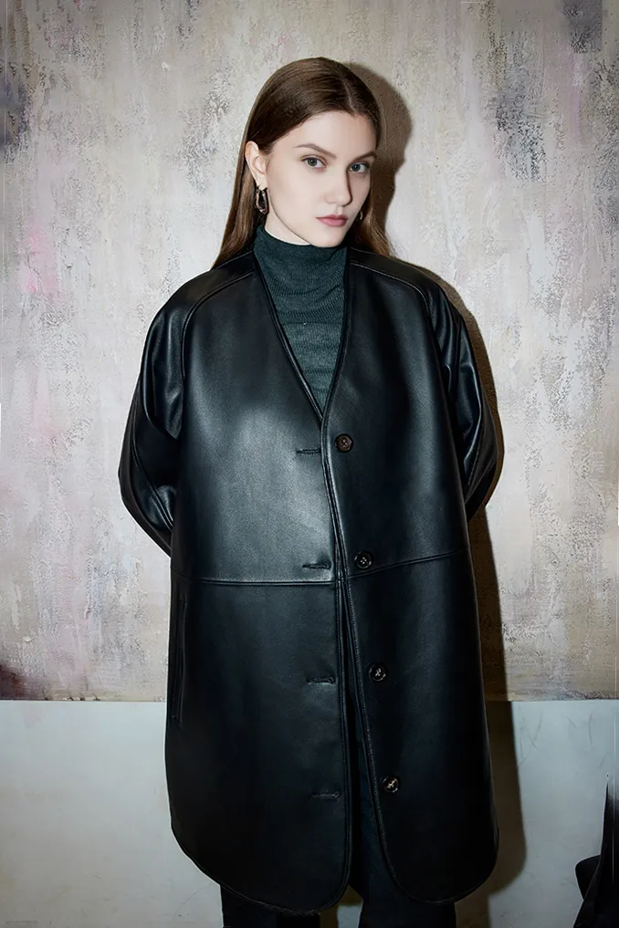 Collarless V Neck Single-breasted Knee-length Leather Coat with Belt