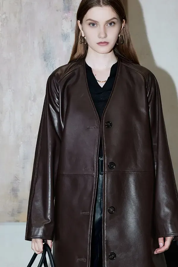 Collarless V Neck Single-breasted Knee-length Leather Coat with Belt