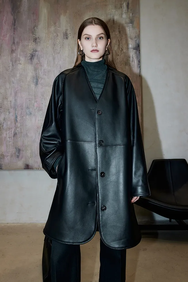 Collarless V Neck Single-breasted Knee-length Leather Coat with Belt