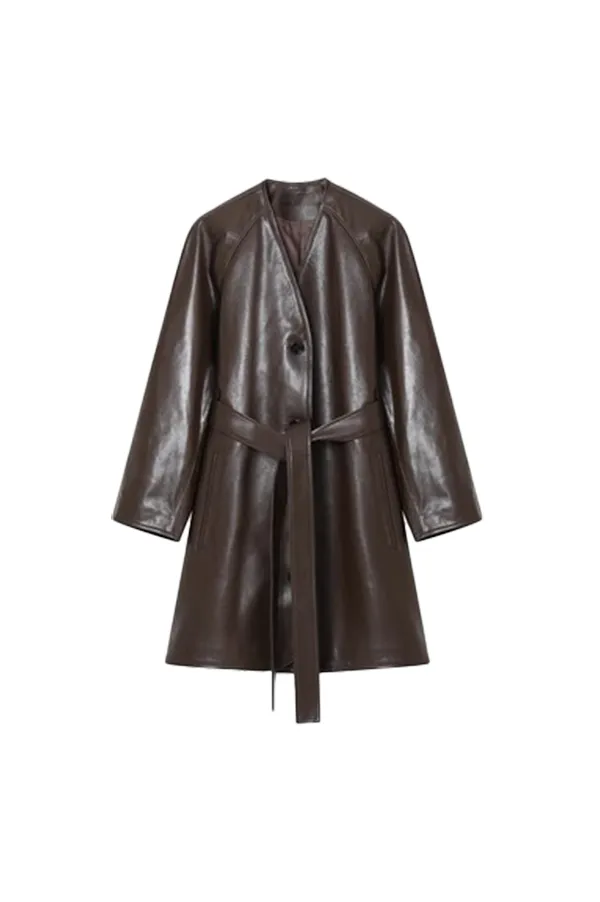 Collarless V Neck Single-breasted Knee-length Leather Coat with Belt