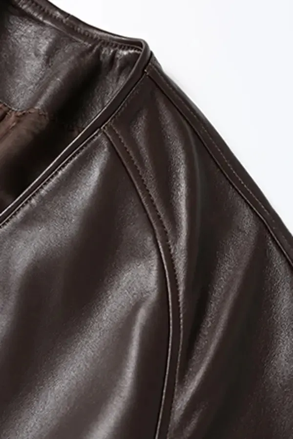 Collarless V Neck Single-breasted Knee-length Leather Coat with Belt