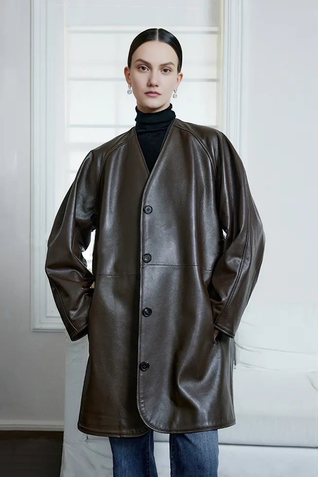 Collarless V Neck Single-breasted Knee-length Leather Coat with Belt