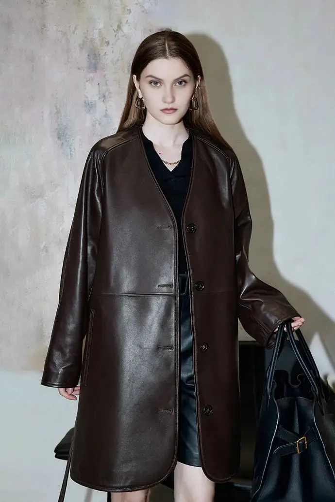 Collarless V Neck Single-breasted Knee-length Leather Coat with Belt