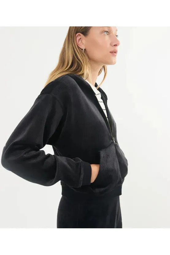 Cord Velour Cropped Zip Up Hoodie - Black