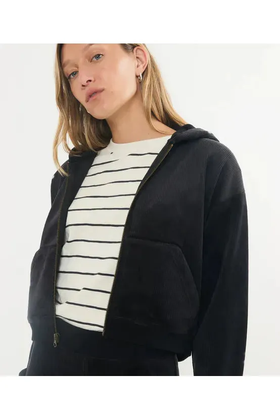 Cord Velour Cropped Zip Up Hoodie - Black