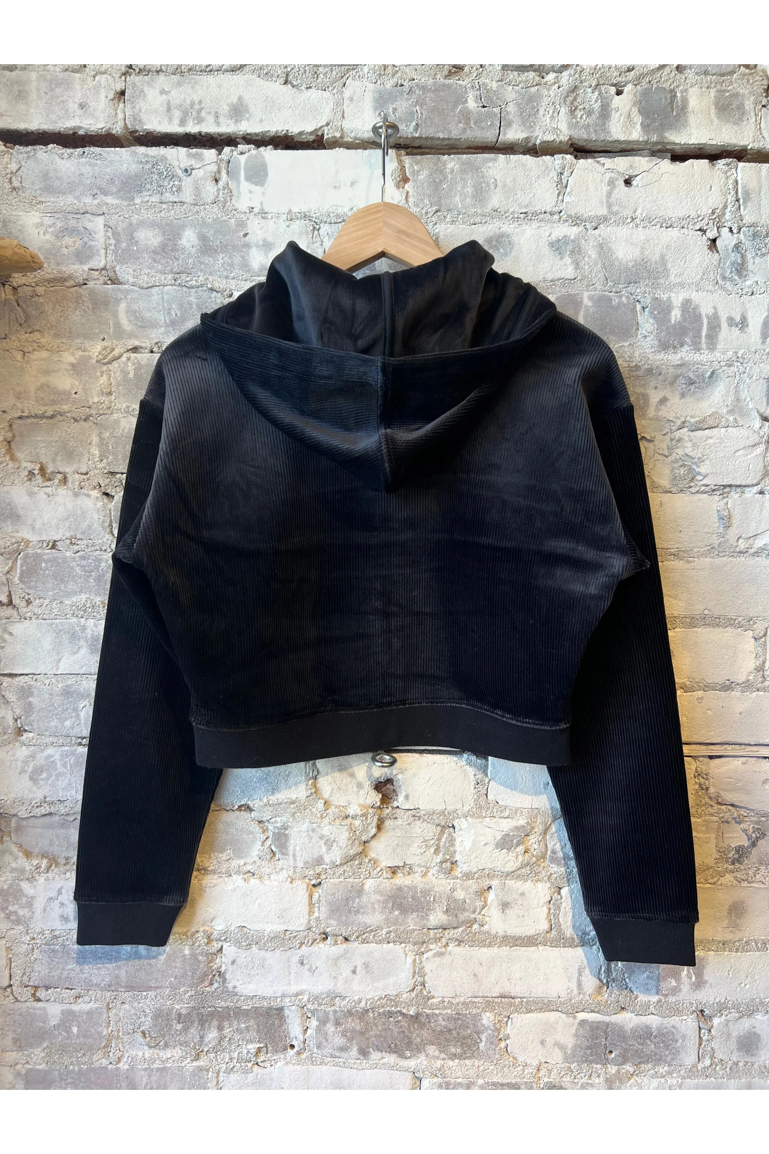 Cord Velour Cropped Zip Up Hoodie - Black