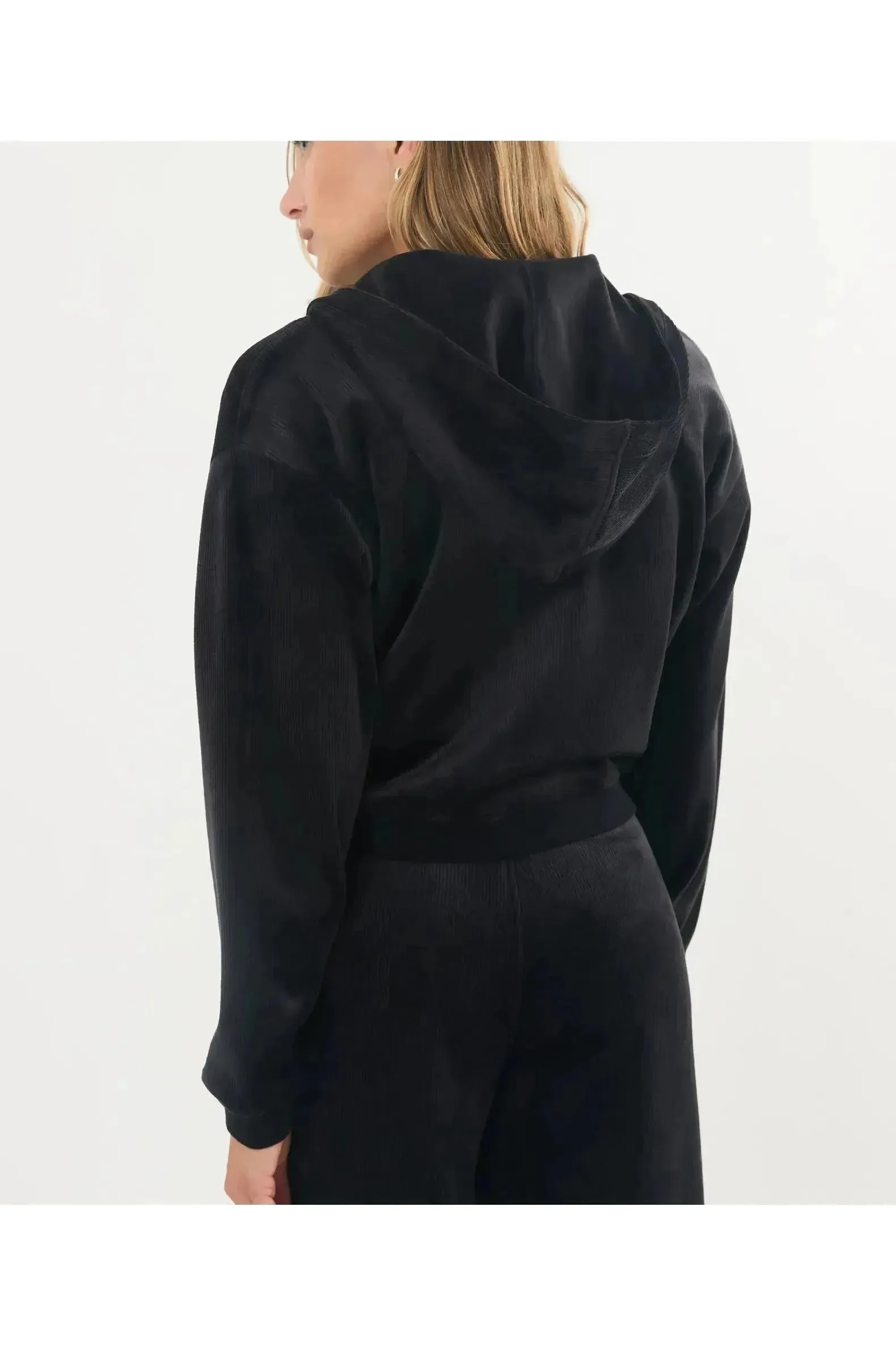 Cord Velour Cropped Zip Up Hoodie - Black