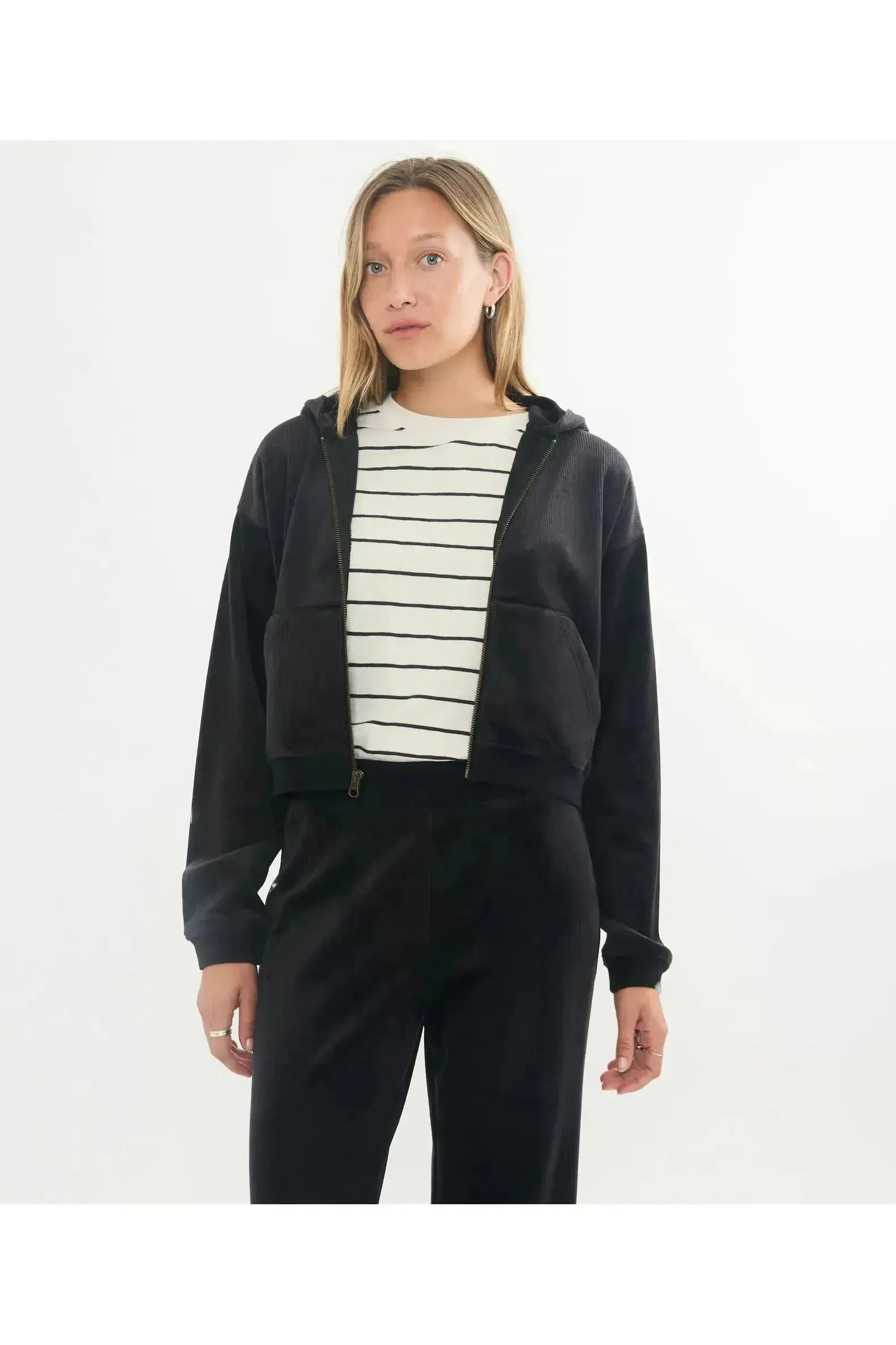 Cord Velour Cropped Zip Up Hoodie - Black