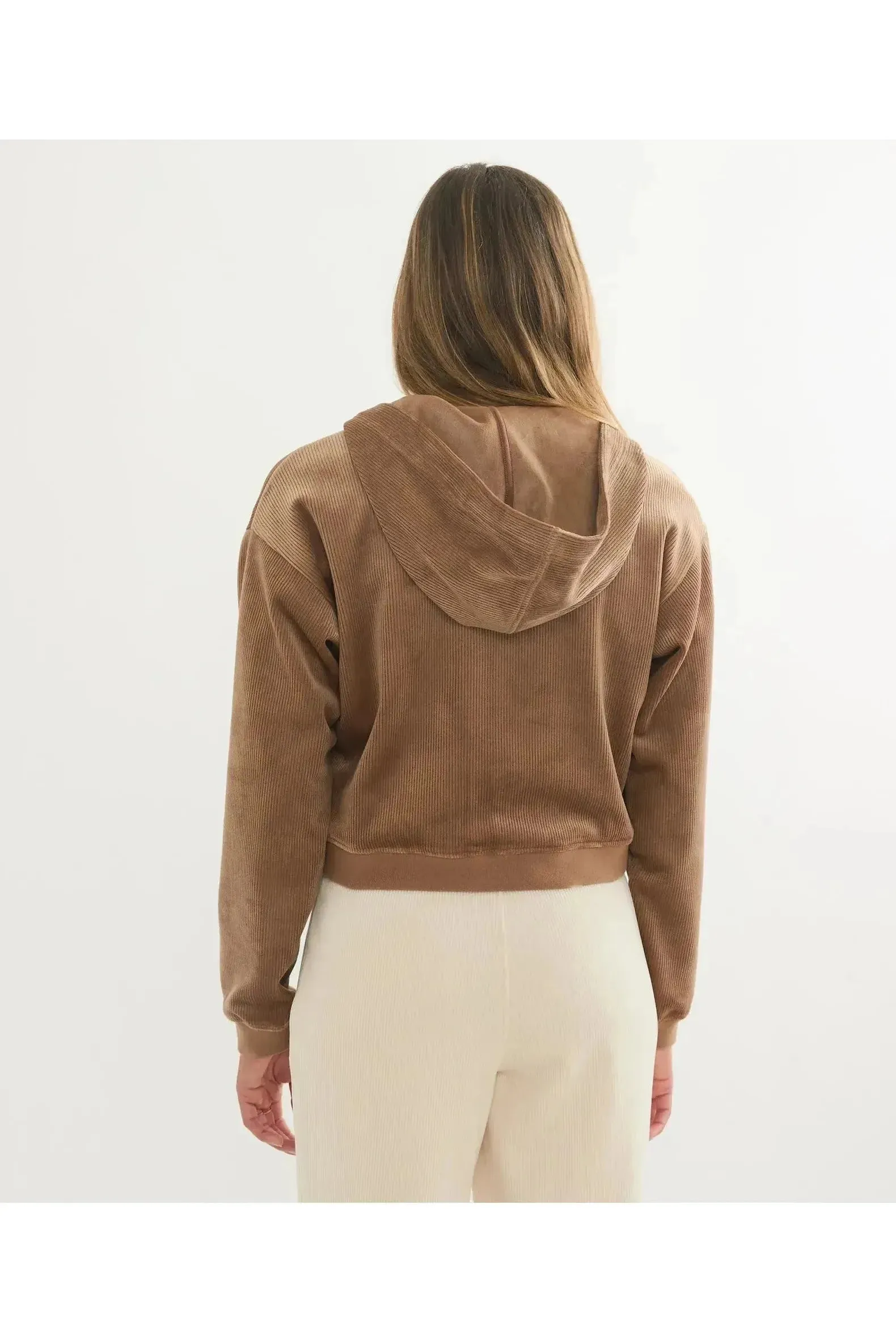 Cord Velour Cropped Zip Up Hoodie - Toffee