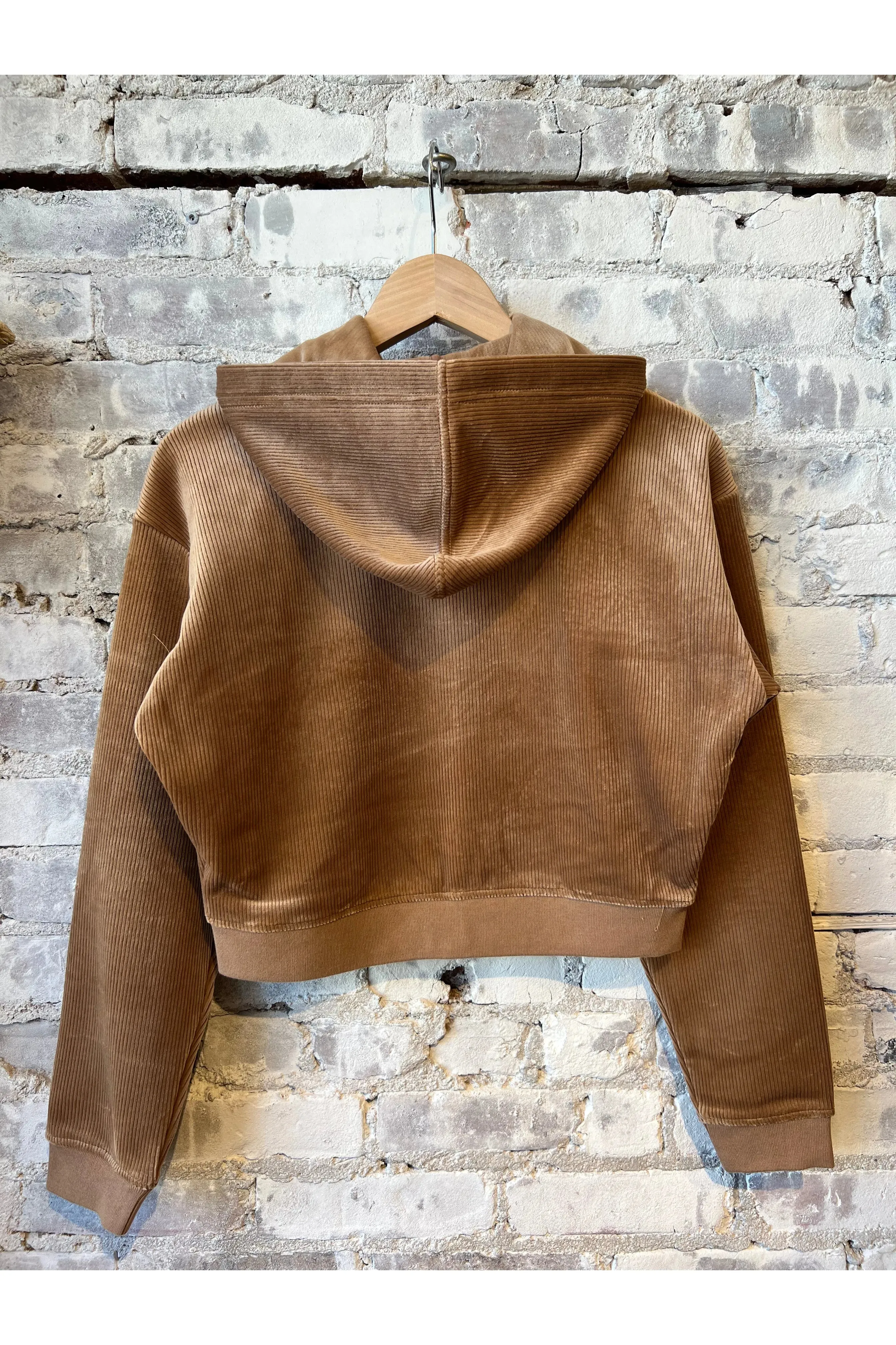 Cord Velour Cropped Zip Up Hoodie - Toffee