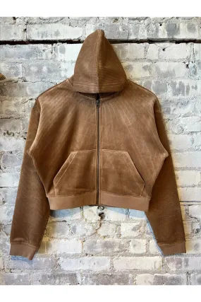 Cord Velour Cropped Zip Up Hoodie - Toffee