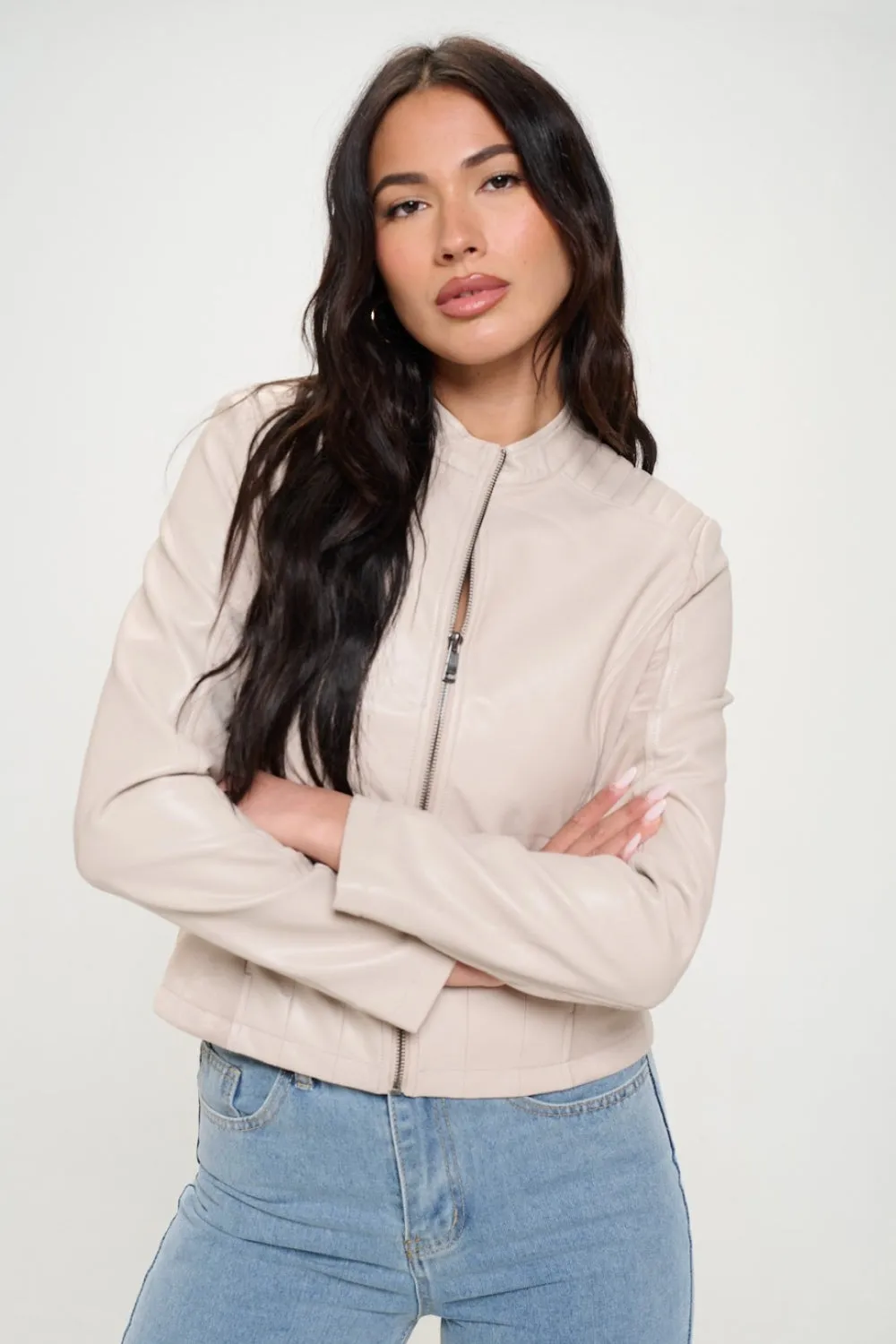 Cream Zip Up Vegan Moto Jacket