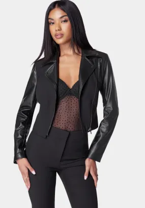 Cropped  Vegan Leather Combo Tailored  Moto Blazer