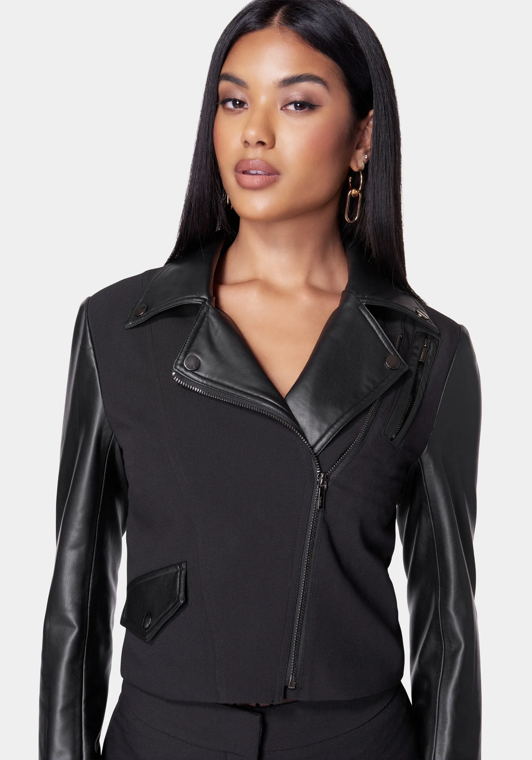 Cropped  Vegan Leather Combo Tailored  Moto Blazer